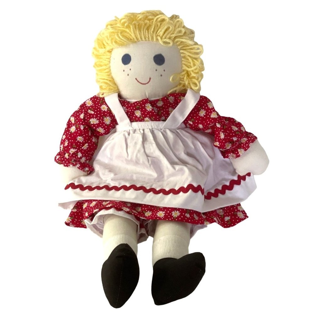 New Cloth Rag Doll Handmade with Hand Sewn Red Dress and Yellow Yarn Hair 19"